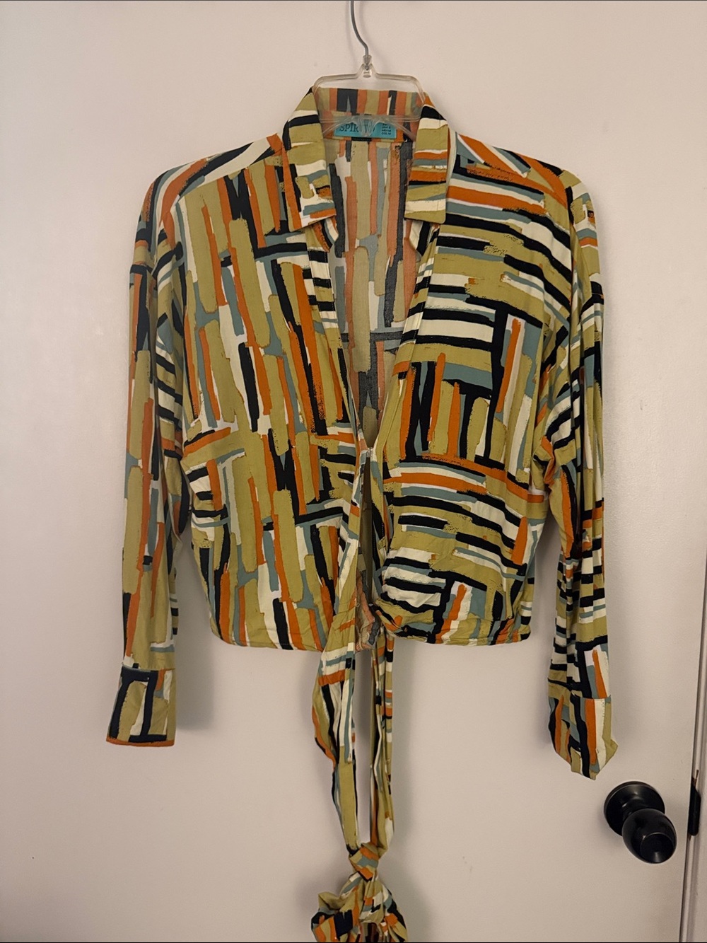 Spirito Abstract Stripe Tie-Front Shirt - Olive, Orange, Black, Cream